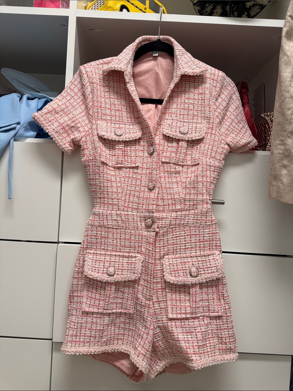 Pink Tweed Short-Sleeve Mini Dress Romper